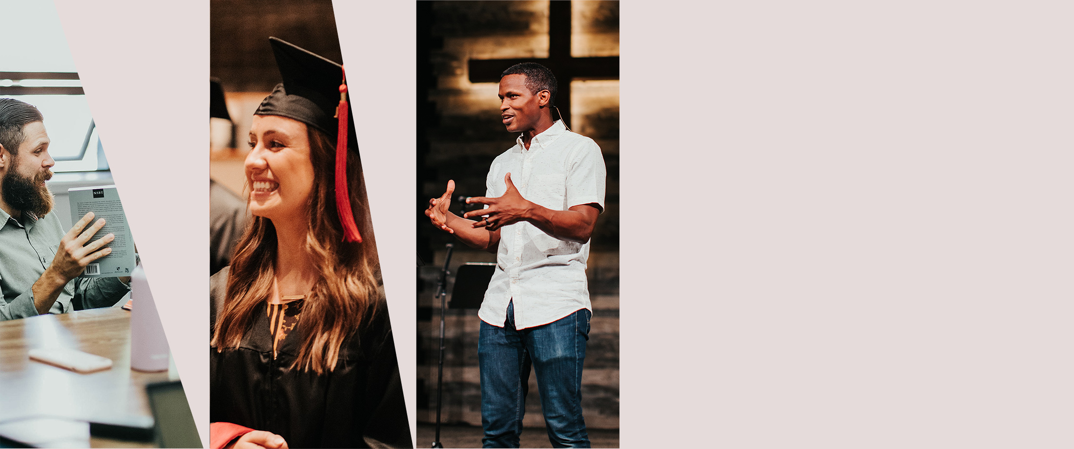 Images of transformation from student to graduate to ministry.