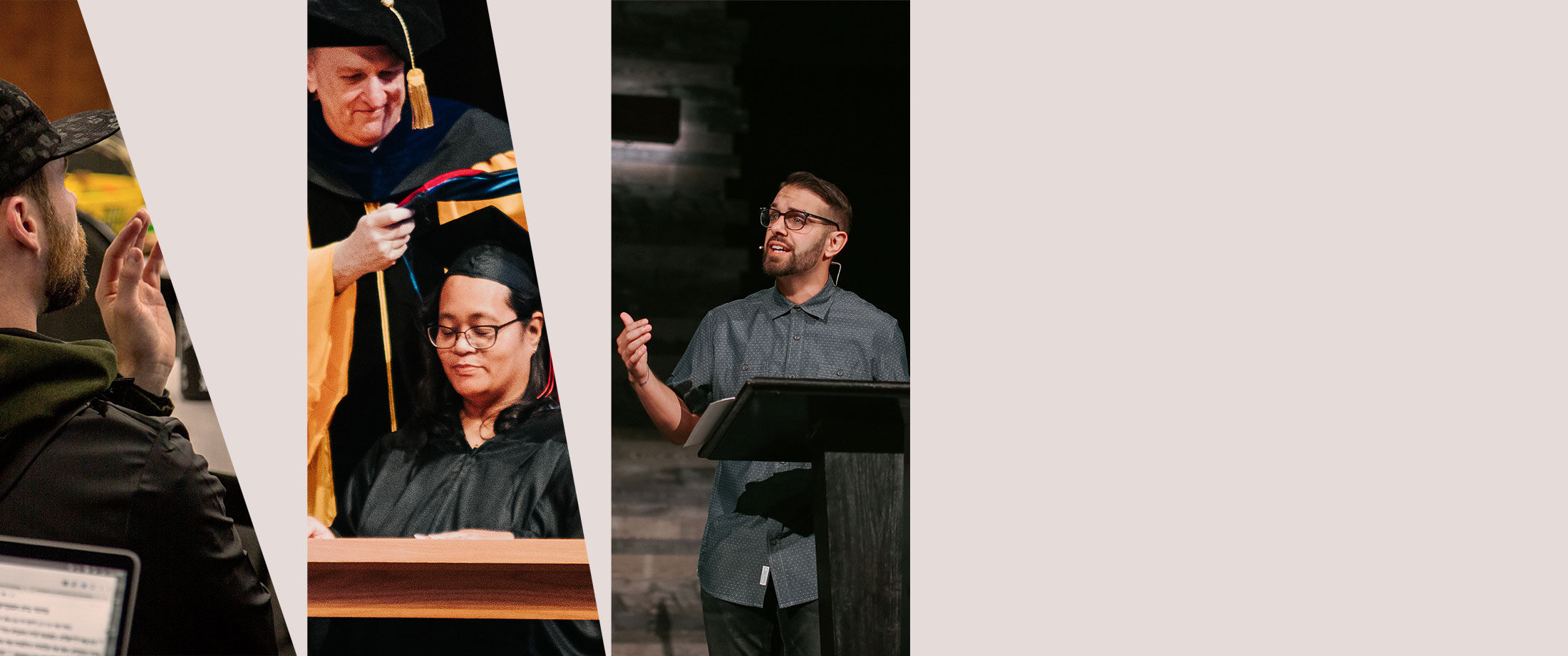 Images of transformation from student to graduate to ministry.