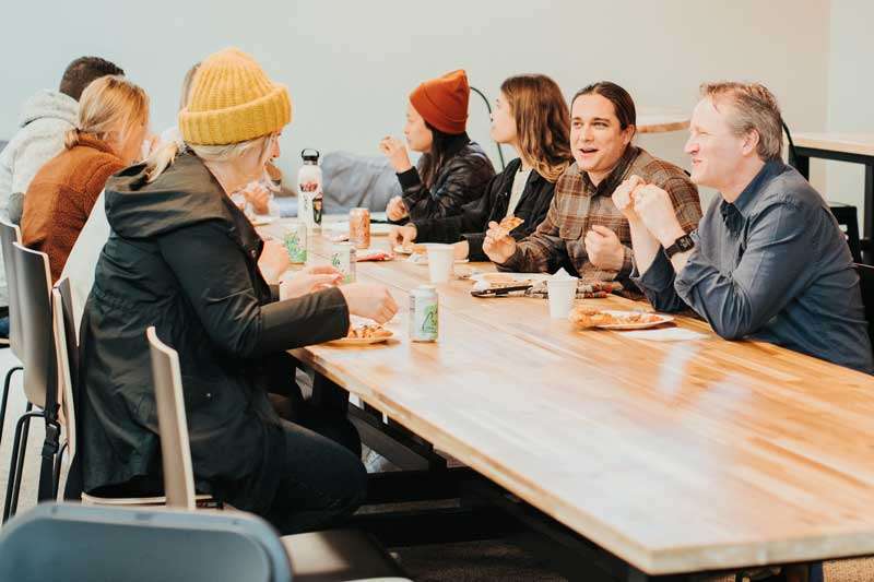 Professor Stephen Stallard chats with students